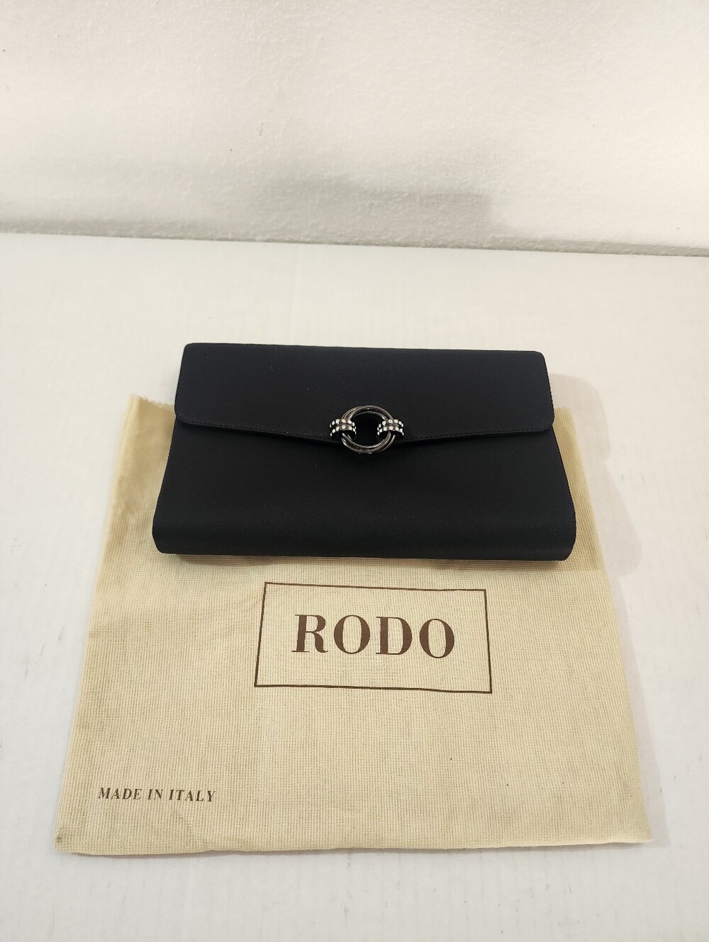 Vintage RODO Black Satin Evening Clutch Crystal Ring Chain Silver Bag Italy